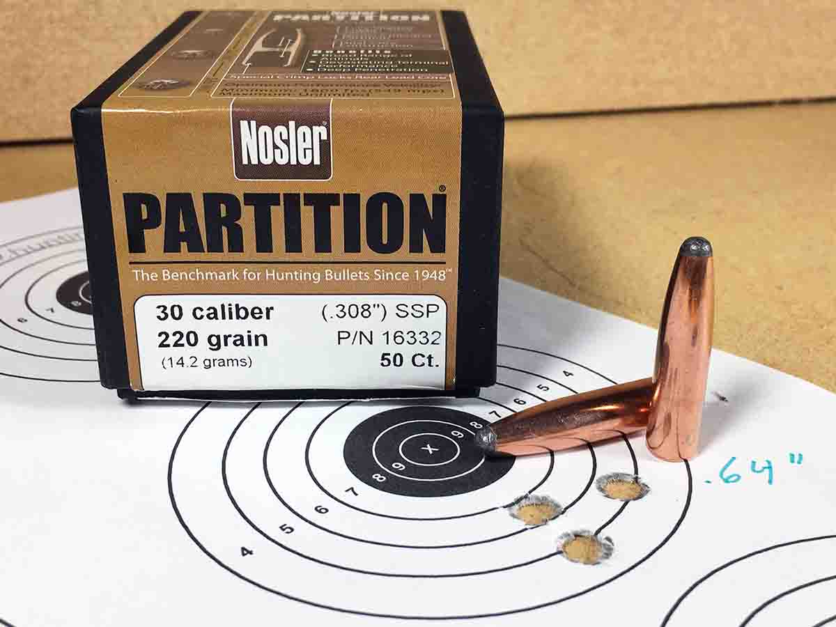 As evidenced by this three-shot, .64-inch group, the Nosler .30-caliber Partition bullet is a solid performer.